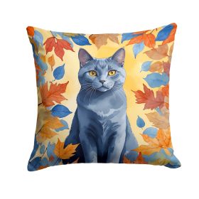 Chartreux Cat in Fall Leaves Throw Pillow Machine Washable, Indoor Outdoor Decorative Pillow for Couch, Bed or Patio, 14Hx14W